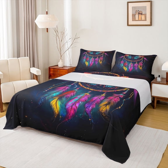 Feelyou Mystic Dreamcatcher Kids Twin Sheet Sets, Dreamy Glitter Galaxy Twin Fitted Sheet, Tribal Western Theme Flat Sheet, Super Cozy Room Decor, 3 Pieces