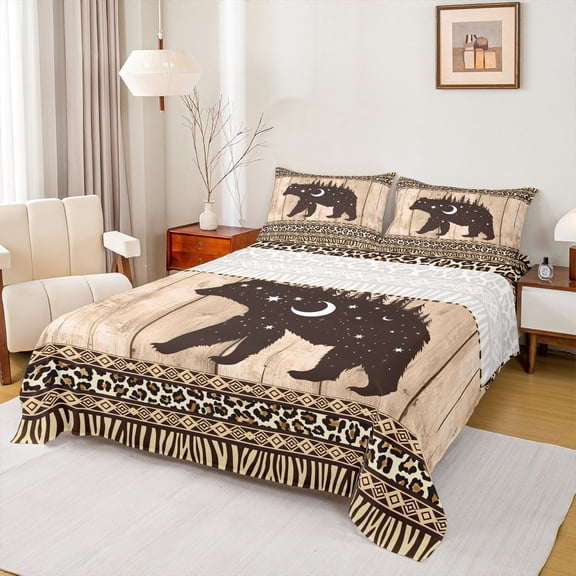 Feelyou Mystic Galaxy Bear Twin Sheet Sets for Teens, Leopard Zebra Print Twin Fitted Sheet, Brown Wooden Plank Flat Sheet, Luxury Bedroom Decor, 3pcs