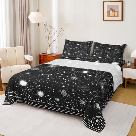Feelyou Mystic Galaxy Child Bed Sheets, Bohemian Constellation King Sheets, Cartoon Black White Sheet Set, Super Cozy Room Decor, 4pcs
