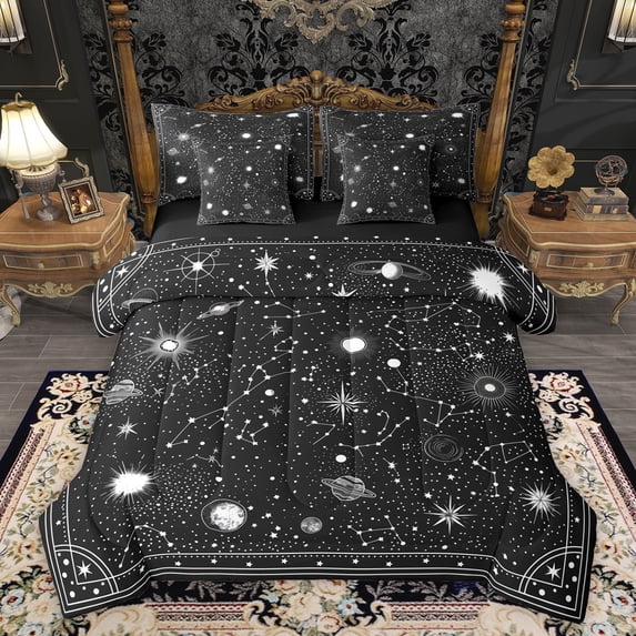 Feelyou Mystic Galaxy Child Twin Bedding Sets 7-Piece, Bohemian Constellation Bedding Comforter Set, Cartoon Black White Reversible Sheet Sets, Super Cozy Room Decor