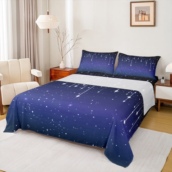 Feelyou Mystic Glitter Stars Twin Sheet Sets, Dreamy Starry Sky Twin Fitted Sheet, Teens Kids Child Flat Sheet, Lightweight Room Decor, 3-Piece