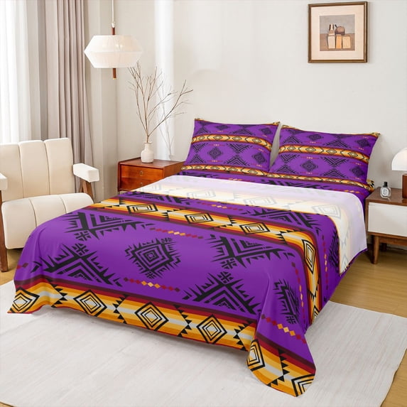Feelyou Mystic Hippie Aztec Bed Sheets for Men, Purple Triangle Stripes King Sheets, Vintage Fashion Sheet Set, Ultra Soft Bedroom Decor, 4 Pieces