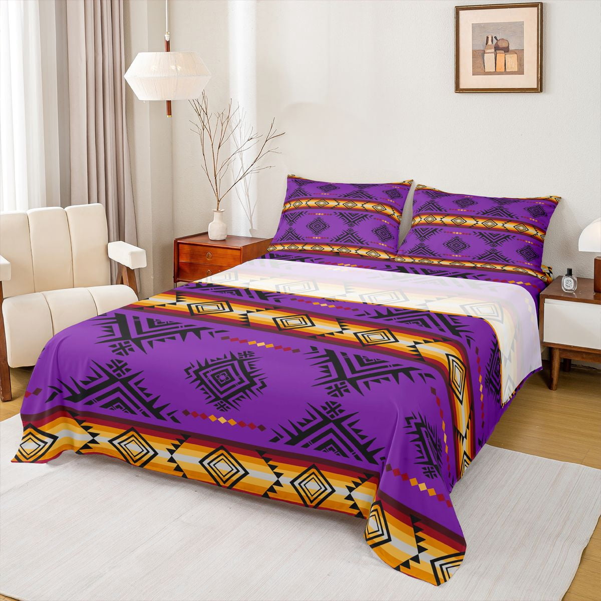 Feelyou Mystic Hippie Aztec Queen Sheet Sets for Men, Purple Triangle ...