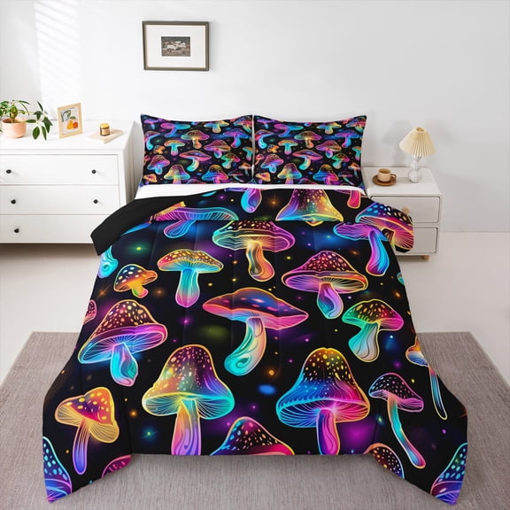 Feelyou Mystic Jungle Mushroon Bedding Comforter Set for Child, Neon Plant Botanical Twin Comforter Sets, Glitter Stars Print Reversible Bedding Set, Ultra Soft Home Decor, 2-Piece