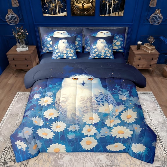 Feelyou Mystic Jungle Owl Bedding Comforter Set 7 Pieces for Kids, Vibrant Groovy Flower Full Bedding Set, Rustic Animal Reversible Fitted Sheet Flat Sheet, Breathable Home Decor