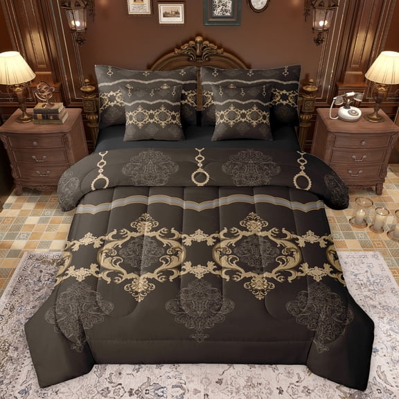 Feelyou Mystic Mandala Damask Bedding Comforter Set 7pcs, Bohemian Flower Brown Queen Bedding Sets, Mid Century Fashion Reversible Queen Sheet Sets, Super Cozy Room Decor