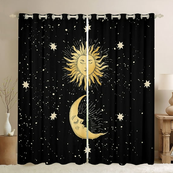 Feelyou Mystic Moon Sun Curtains Pack of 2 (42x84 Each), Black Gold Galaxy Sky Curtains Blackout, Dreamy Stars Print Bedroom Curtains, Curtains and Drapes Room Decor
