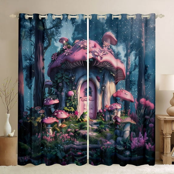 Feelyou Mystic Mushroom House Blackout Curtains Set of 2 (52x84 Each), Dreamy Fairy Tale Window Curtains, Cartoon Princess Style Curtains and Drapes, Curtains and Drapes Room Decor