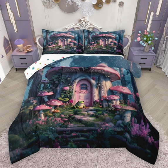 Feelyou Mystic Mushroom House Queen Comforter Set, Dreamy Fairy Tale Bedding Sets, Cartoon Princess Style Reversible Bedding Comforter Set, Super Cozy Room Decor, 3-Piece