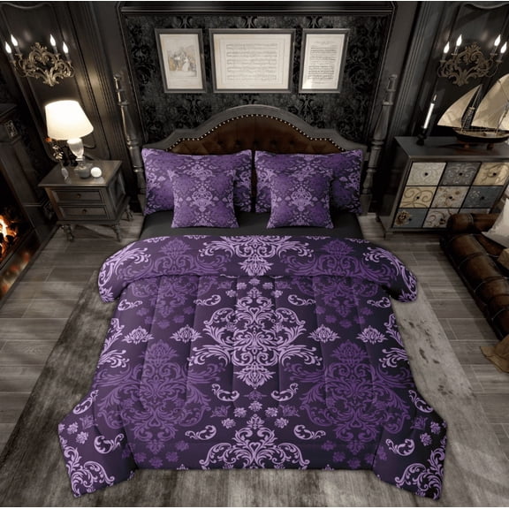 Feelyou Mystic Purple Damask Bedding Comforter Set 7pcs, Hippie Western Print King Bedding Sets, Tribal Flower Floral Reversible Bed Sheets, Luxury Bedroom Decor