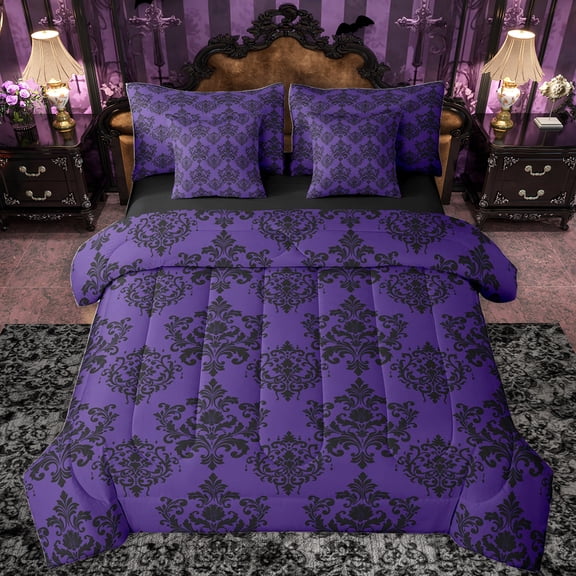 Feelyou Mystic Purple Damask Bedding Comforter Set 7pcs, Retro Southwestern King Bedding Sets, Bohemian Flower Floral Reversible Bed Sheets, Breathable Home Decor