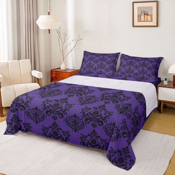 Feelyou Mystic Purple Damask Queen Sheet Sets, Retro Southwestern Flat Sheet, Bohemian Flower Floral Queen Fitted Sheet, Breathable Home Decor, 4-Piece