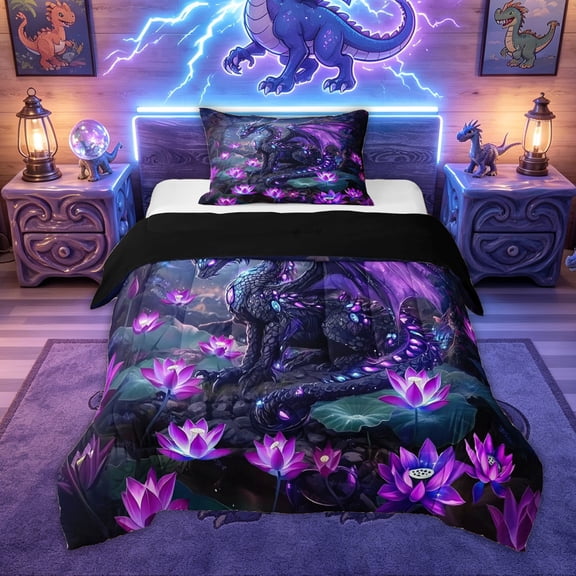 Feelyou Mystic Purple Forest Dragon Twin Comforter Sets for Men Women Kids, Glitter Print Lotus Bedding Set, Purple, Black Reversible, 2pcs