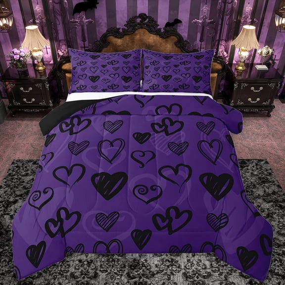 Feelyou Mystic Purple Love Heart Queen Comforter Set, Romantic Valentines Day Bedding Sets, Teens Boys Girls Adult Reversible Bedding Comforter Set, Super Cozy Room Decor, 3 Pieces