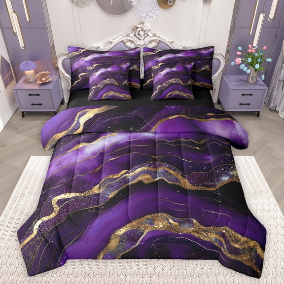 Feelyou Mystic Purple Marbling Bedding Comforter Set 7 Pieces, Modern Fashion Art Full Bedding Set, Teens Adult Men Women Reversible Fitted Sheet Flat Sheet, Breathable Home Decor