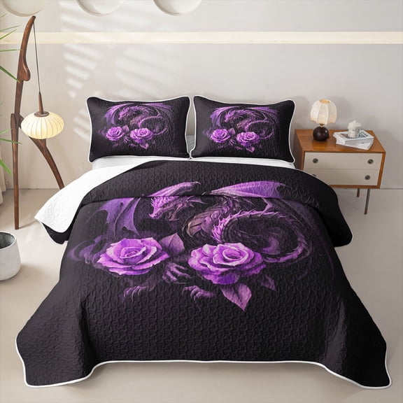 Feelyou Mystic Rose Dragon Bed Spread Queen for Men Boys, Gothic Wing Wildlife Queen Coverlet Set, Black Purple, 3 Pieces