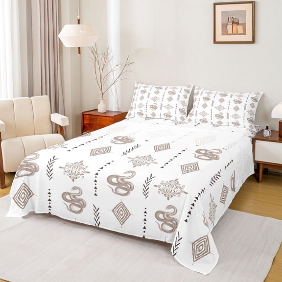 Feelyou Mystic Snake Animal Teen Twin Sheet Sets, White Gold Aztec Bedding, 3 Pieces