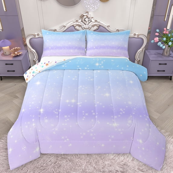 Feelyou Mystic Starry Sky Full Size Comforter Sets for Teens, Cartoon Stars Galaxy Bedding Comforter Set, Purple Blue Rainbow Reversible Bedding Sets, Luxury Bedroom Decor, 3-Piece
