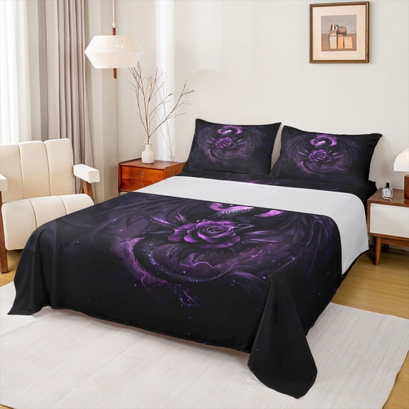 Feelyou Mystic Thunder Dragon Bed Sheets for Men Boys, Magic Rose Animal King Sheets, Dark Violet, 4 Pieces