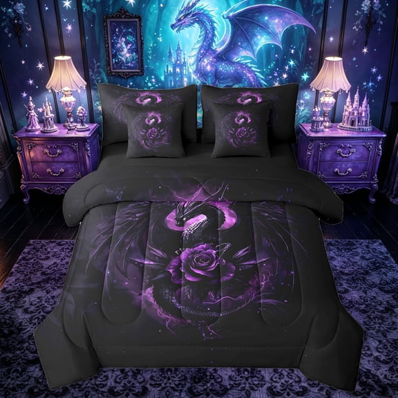Feelyou Mystic Thunder Dragon Bedding Comforter Set for Men Boys, Magic Rose Animal Full Bedding Set, Dark Violet, Black Reversible, 7 Pieces