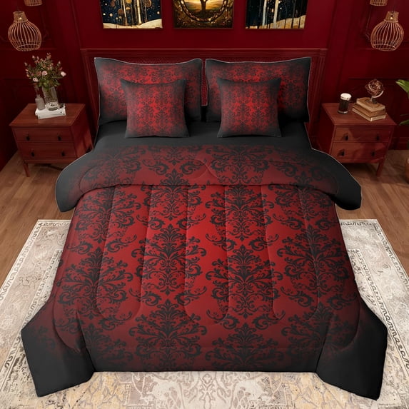 Feelyou Mystic Western Damask Bedding Comforter Set 7pcs for Women, Black Red Mandala Flower Queen Bedding Sets, Vintage Bohemian Reversible Queen Sheet Sets, Microfiber Bedroom Decor