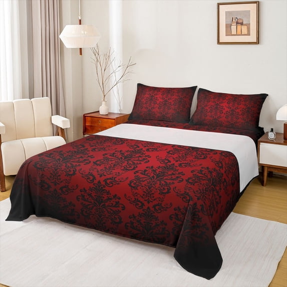 Feelyou Mystic Western Damask Queen Sheet Sets for Women, Black Red Mandala Flower Flat Sheet, Vintage Bohemian Queen Fitted Sheet, Microfiber Bedroom Decor, 4 Pieces