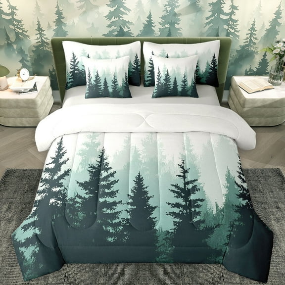 Feelyou Nature Scenery Bedding Comforter Set 7 Pieces, Jungle Pine Tree Full Bedding Set, Rustic Farmhouse Theme Reversible Fitted Sheet Flat Sheet, Lightweight Room Decor