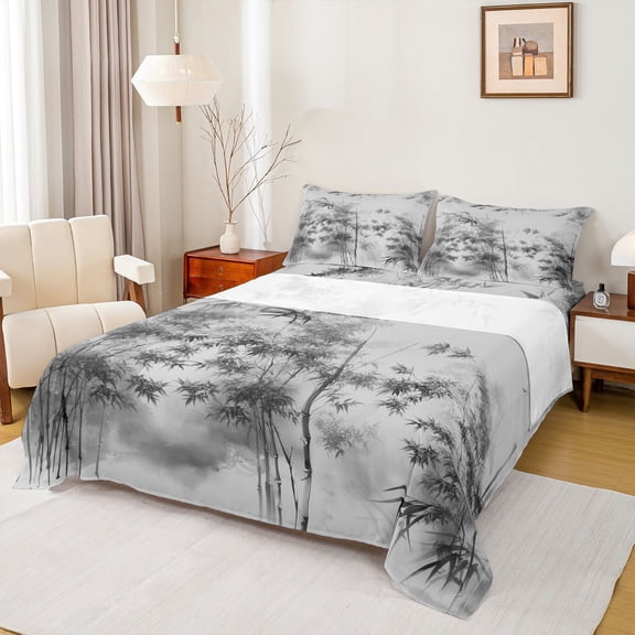 Feelyou Nature Scenery Teen Twin Sheet Sets, Ink Tree Chinese Style Bedding, 3pcs