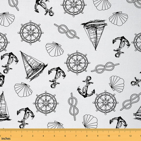 Feelyou Nautical Theme Fabric by the Yard 3 Yards, Sailboat Anchor Rudder Room Decor Fabric by the Yard, Coastal Seashell Conch Fabric for Sewing, White Black Room Decor