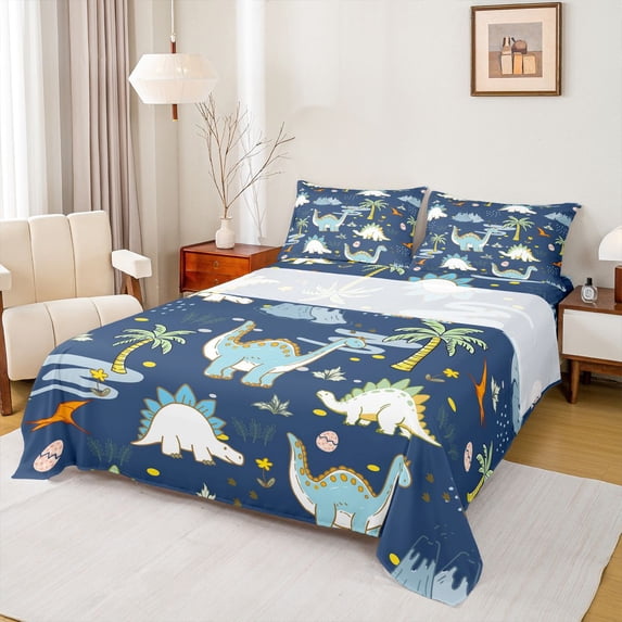 Feelyou Navy Dino Full Size Sheets for Kids Boys Girls, Jungle Wildlife Bed Sheets, Blue, 4-Piece