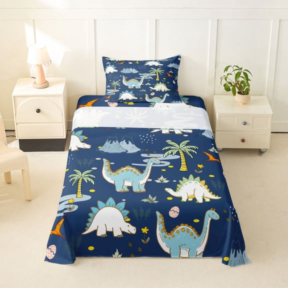 Feelyou Navy Dino Twin Sheet Sets for Kids Boys Girls, Jungle Wildlife Bedding, Blue, 3-Piece