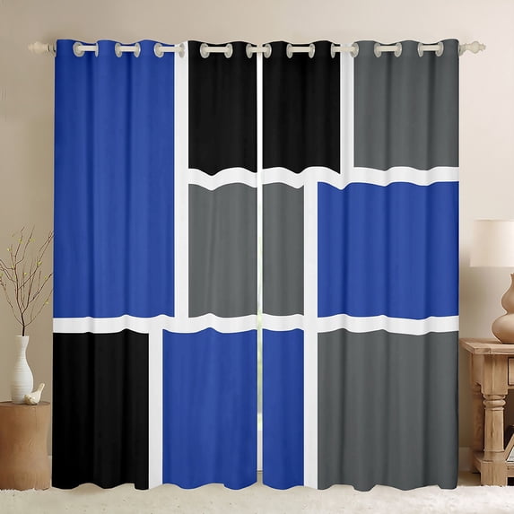 Feelyou Navy Grey Checkered Blackout Curtains Set of 2 (52x84 Each), Square Abstract Window Curtains, Modern Fashion Buffalo Curtains and Drapes, Blackout Curtains Room Decor