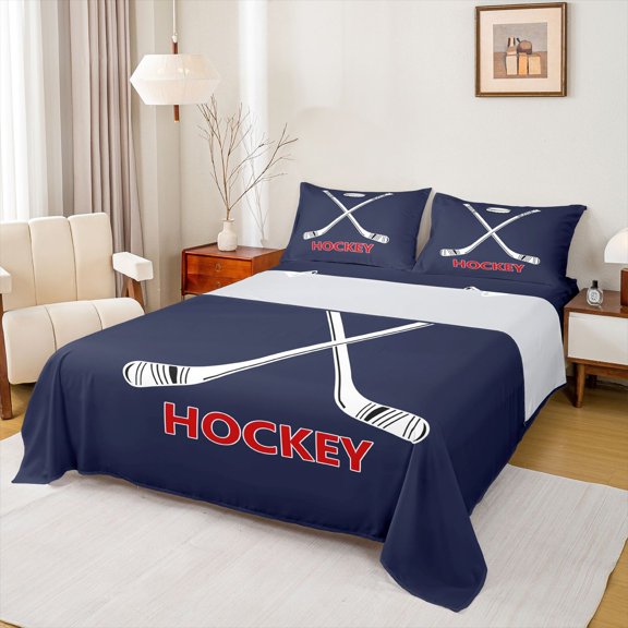 Feelyou Navy Ice Hockey Full Size Sheets, Ball Gaming Lover Bed Sheets, 4-Piece