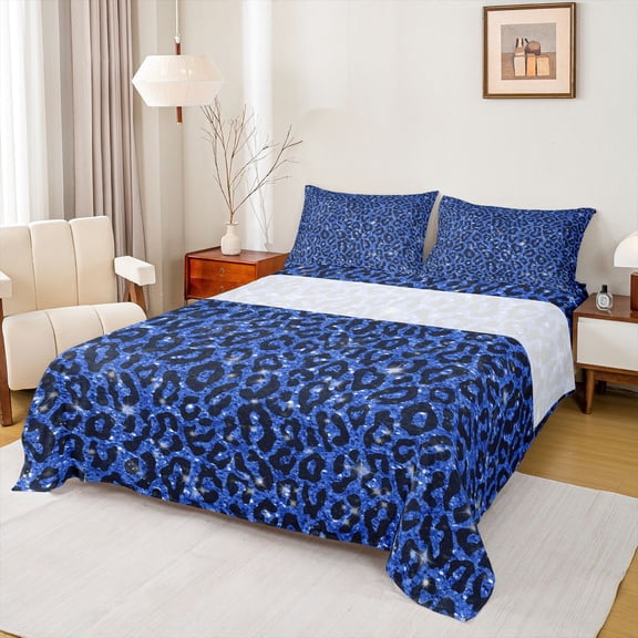 Feelyou Navy Leopard Print Queen Sheet Sets, Modern Fashion Polkadots Flat Sheet, Cheetah Wildlife Queen Fitted Sheet, Ultra Soft Bedroom Decor, 4-Piece