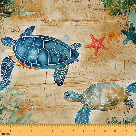 Feelyou Navy Sea Turtle Fabric by the Yard 1 Yard for Teens, Cartoon Starfish Coral Room Decor Fabric by the Yard, Retro Sealife Theme Fabric for Sewing, Super Cozy Room Decor