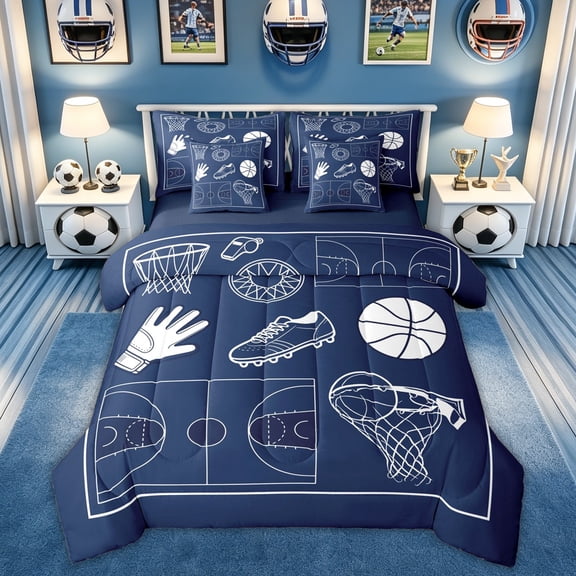Feelyou Navy Sketch Basketball King Bedding for Boys, Goal Shoes Glove King Bed in a Bag, Blue Reversible, 7 Pieces