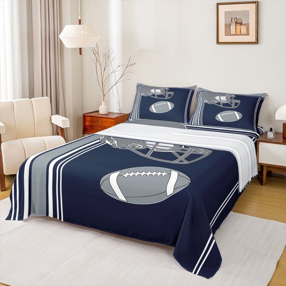 Feelyou Navy Sports Hemlet Twin Sheet Sets for Kids, Soccer Athlete Twin Fitted Sheet, Modern Cartoon Rugby Flat Sheet, Ultra Soft Bedroom Decor, 3-Piece