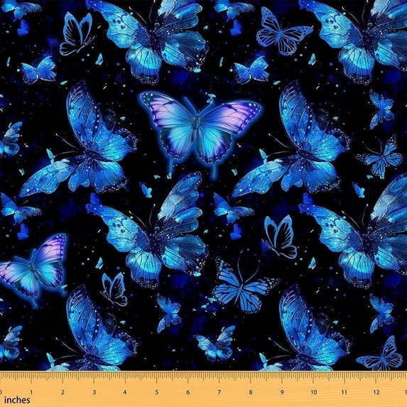 Feelyou Neon Blue Butterfly Fabric by the Yard 1 Yard, Romantic Animal Home Decor Fabric by the Yard, Teens Kids Adult Sewing Fabric, Lightweight Room Decor