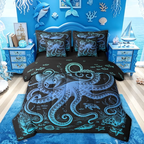 Feelyou Neon Blue Cartoon Octopus Twin Bedding Sets for Kids Boys Girls, Cartoon Sea Animal Bedding Comforter Set, Black Reversible, 7pcs
