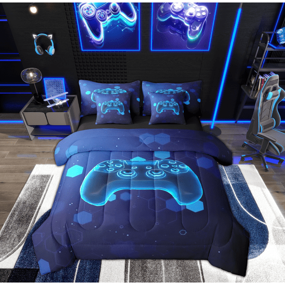 Feelyou Neon Blue Gamepad Bedding Comforter Set 7-Piece for Boys, Futuristic Game Console King Bedding Sets, Chic Honeycomb Reversible Bed Sheets, Microfiber Bedroom Decor