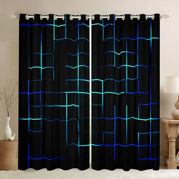 Feelyou Neon Blue Stripes Blackout Curtains Set of 2 (52x84 Each) for Kids, Rectangle Square Geometric Window Curtains, Abstract Curtains and Drapes, Blackout Curtains Bedroom Decor