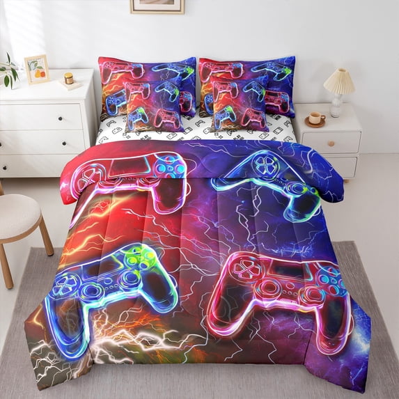 Feelyou Neon Cartoon Gamepad Bedding Comforter Set 7pcs, Futuristic Lightning King Bedding Sets, Teen Boy Kid Child Reversible Bed Sheets, Microfiber Bedroom Decor, 3-Piece