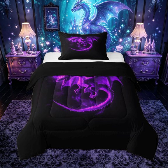Feelyou Neon Dragon Twin Comforter Sets for Men Boys, Dreamy Galaxy Animal Bedding Set, Dark Purple, Black Reversible, 2 Pieces