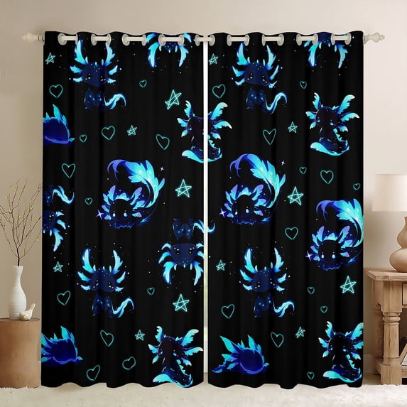 Feelyou Neon Dreamy Axolotl Black Out Curtains for Teens, Cartoon Love Heart Curtains Pack of 2 (42x63 Each), Magical Animal Theme Bedroom Curtains, Curtains and Drapes Decor