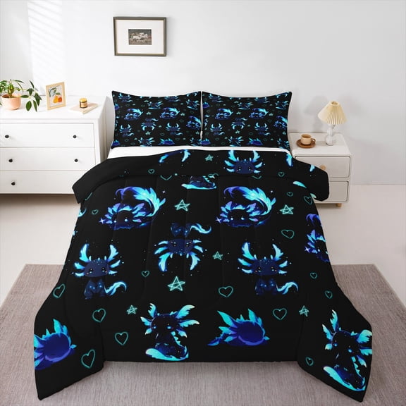 Feelyou Neon Dreamy Axolotl Queen Comforter Set for Teens, Cartoon Love Heart Bedding Sets, Magical Animal Theme Reversible Bedding Comforter Set, Lightweight Room Decor, 3-Piece