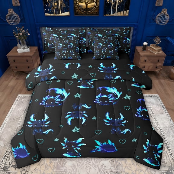 Feelyou Neon Dreamy Axolotl Twin Bedding Sets 7-Piece for Teens, Cartoon Love Heart Bedding Comforter Set, Magical Animal Theme Reversible Sheet Sets, Lightweight Room Decor