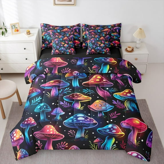 Feelyou Neon Dreamy Mushroom Bedding Comforter Set 7 Pieces, Jungle Plant Botanical Full Bedding Set, Teen Boy Girl Kid Reversible Fitted Sheet Flat Sheet, Luxury Bedroom Decor