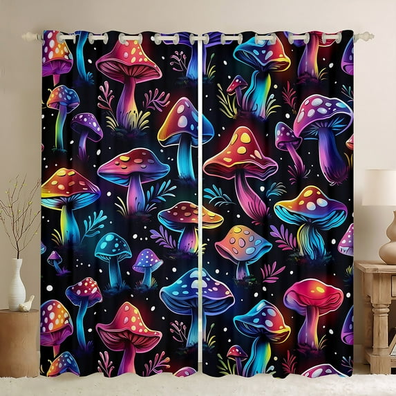 Feelyou Neon Dreamy Mushroom Black Out Curtains, Jungle Plant Botanical Curtains Pack of 2 (42x63 Each), Teen Boy Girl Kid Bedroom Curtains, Black Out Curtains Decor