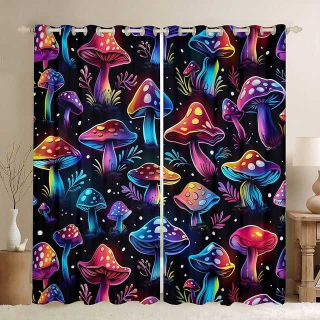 Feelyou Neon Dreamy Mushroom Black Out Curtains, Jungle Plant Botanical Curtains Pack of 2 (42x63 Each), Teen Boy Girl Kid Bedroom Curtains, Black Out Curtains Decor