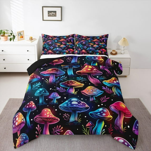 Feelyou Neon Dreamy Mushroom Queen Comforter Set, Jungle Plant Botanical Bedding Sets, Teen Boy Girl Kid Reversible Bedding Comforter Set, Luxury Bedroom Decor, 3pcs